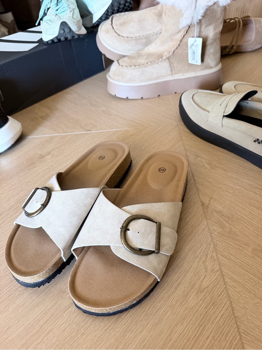Women’s Beige Buckle Slide Sandals - Neutral Casual Comfort